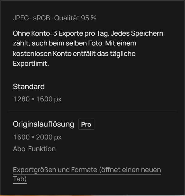 Photonica-Exportmenü mit Standard- und Originalauflösung, jeweils mit ihren Ausgabeabmessungen, und JPEG, sRGB, Qualität 95 %.
