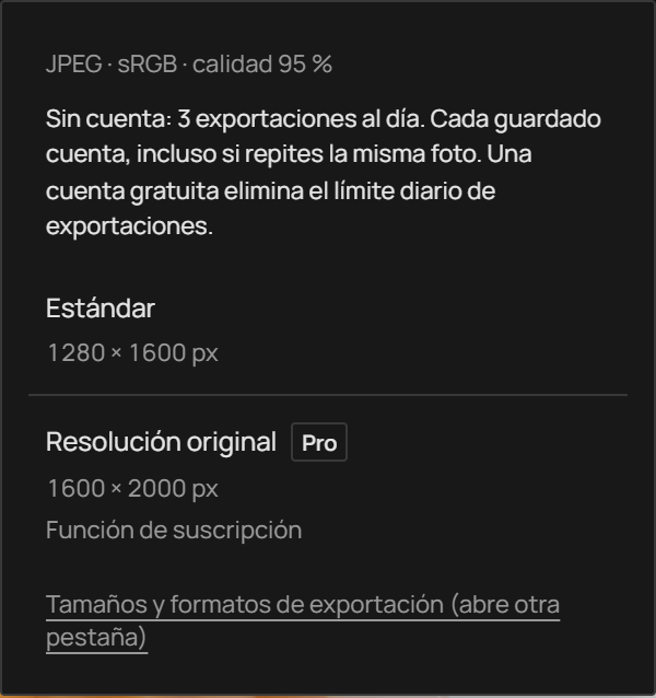 Menú Exportar Photonica que muestra resolución Estándar y Original, cada una con sus dimensiones de salida, y JPEG, sRGB, calidad 95%.