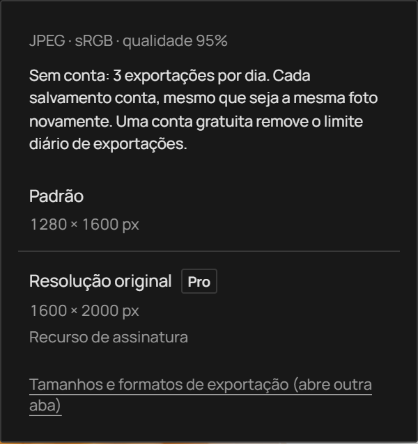 Menu de exportação Photonica mostrando resolução Padrão e Original, cada uma com suas dimensões de saída, e JPEG, sRGB, qualidade 95%.