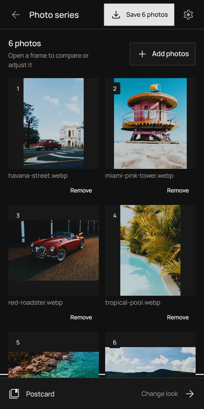 A tela da série em um celular com seis fotografias e a linha do visual compartilhado