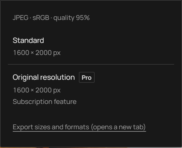 Photonica Export menu showing Standard and Original resolution, each with its output dimensions, and JPEG, sRGB, quality 95%.