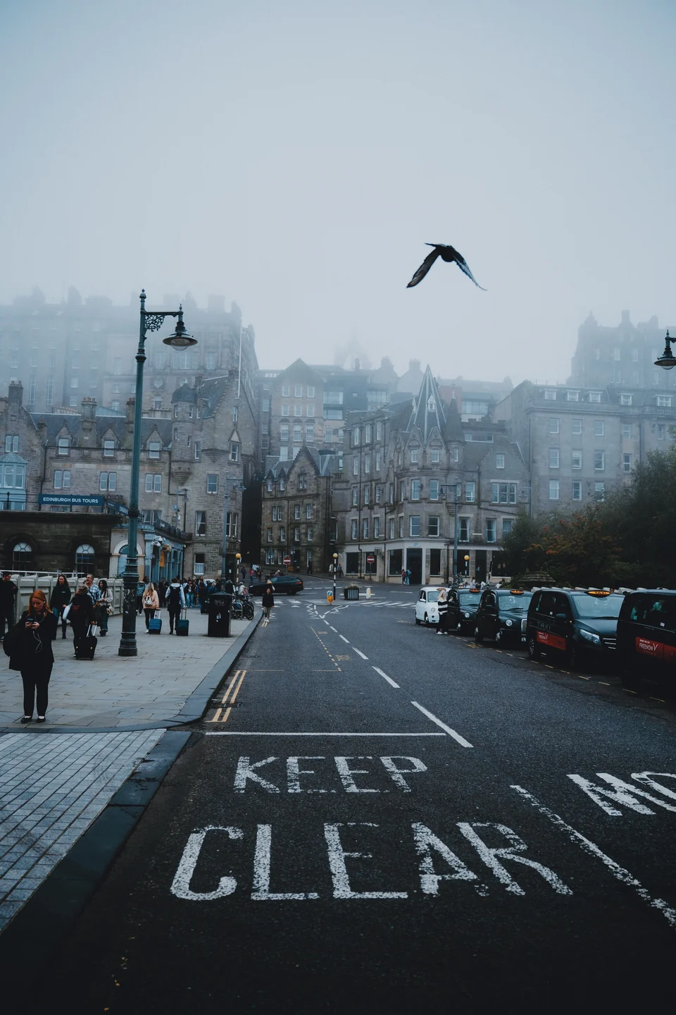 A bird above a misty Edinburgh street lined with historic buildings, with the Overcast preset in Photonica